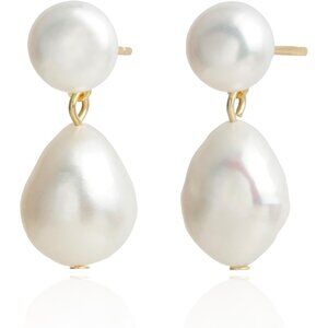 White Cultured Pearl Dangle Earrings 14K Gold Plated for Women